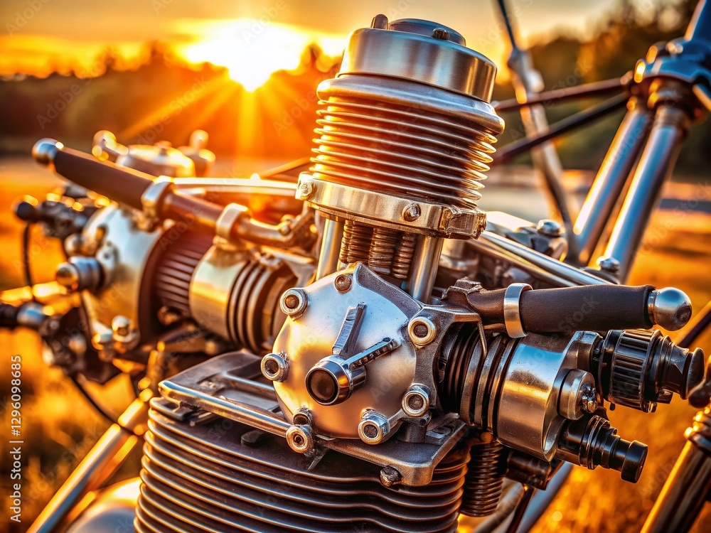 Poster aerial drone shot of a two-stroke engine in action, showcasing its intricate mechanics and powerful 