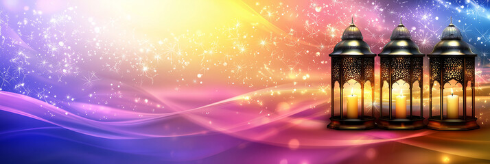 Obraz premium Eid Mubarak Festive Banner with Ornate Lanterns and Sparkling Background