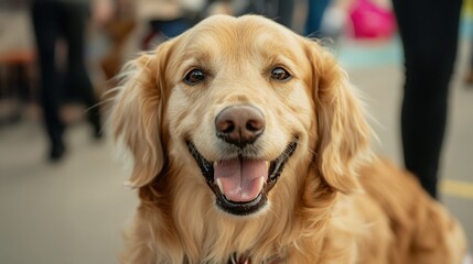 Golden retriever enjoys day outdoors at dog park with playful atmosphere and friendly interactions among pets. Dog Appreciation Month