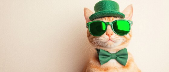 Obraz premium Ginger cat wearing green hat, sunglasses and bow tie for St Patricks Day celebration, festive pet portrait with copy space