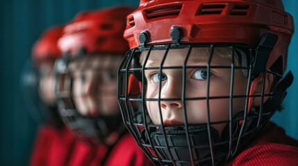 Young hockey players prepared for practice with helmets and grates, focused and eager to improve skills. National Facial Protection Month
