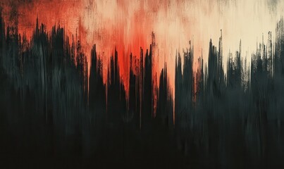 Fototapeta premium A black and white painting of a forest with a red and orange sky in the background. The painting has a mood of darkness and mystery