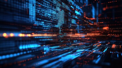 Obraz premium A sleek, futuristic background featuring lines of code, circuit boards, and binary patterns, hinting at the abstract world of software development and computer script.