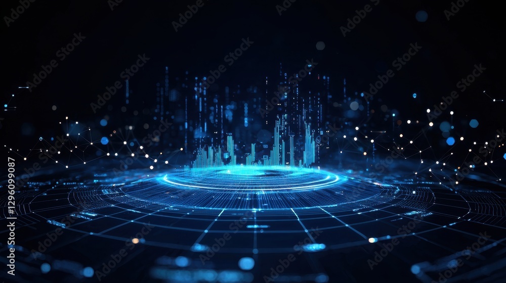 Poster futuristic digital cityscape with glowing data points and network connections in a dark space settin