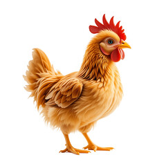 Fototapeta premium Golden chicken 3D with fluffy feathers and a bright red comb stands upright, showcasing its striking features in a well-lit area, capturing its natural charm