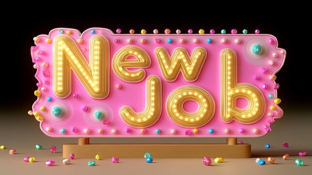 "New Job" written in golden letters, with confetti and light rays, generates a celebratory vibe