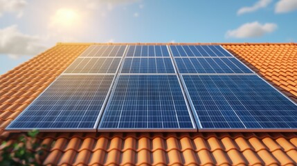Solar panels on a roof with a blue sky. Renewable energy concept.