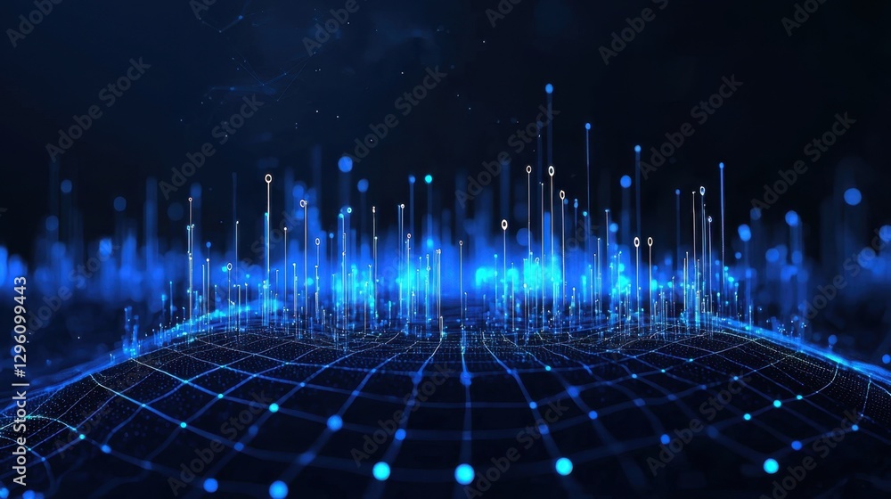Poster Blue Digital Landscape with Data Visualization Elements Displaying Connection Points and Lines in a Futuristic Environment