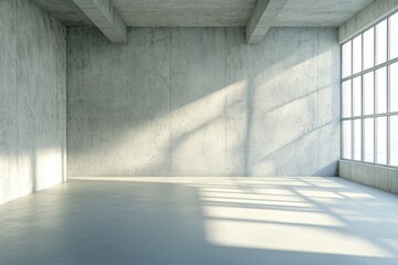 Obraz premium Sunlit empty industrial loft space with concrete walls and large window.