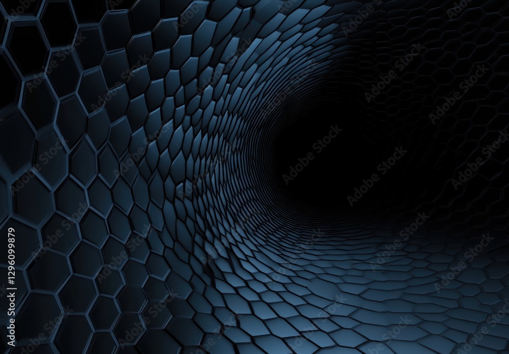 Poster a blue and black image of a spiral with hexagonal shapes. the image has a mood of mystery and intrig