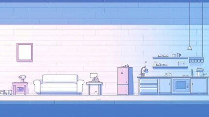 Welding Workshop Scene, vibrant cartoon illustration of a welder creating metal furniture in a workshop, featuring ample copy space, simple vector line art style