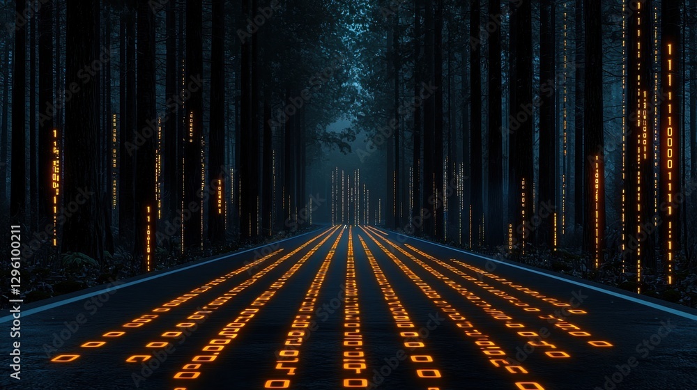 Poster surreal digital landscape featuring binary code illuminated along a dark forest road, creating an ot