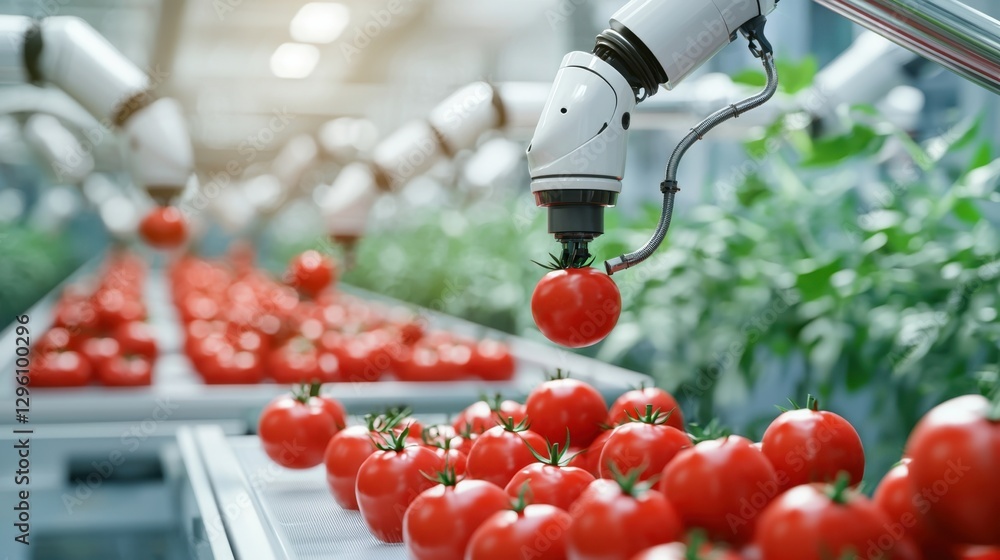 Poster advanced robotics in agriculture: automated systems picking fresh red tomatoes in a modern greenhous