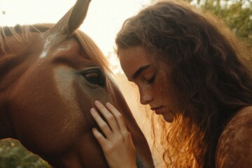 Tender moment shared between girl and horse, highlighting connec