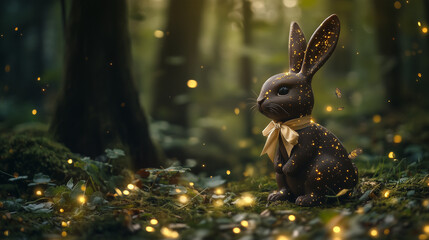 Chocolate bunny in the middle of an enchanted forest