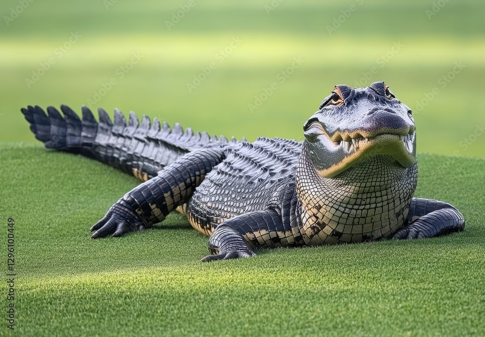 Poster lying alligator relaxing on grassy surface with clear background in nature setting, showcasing textu