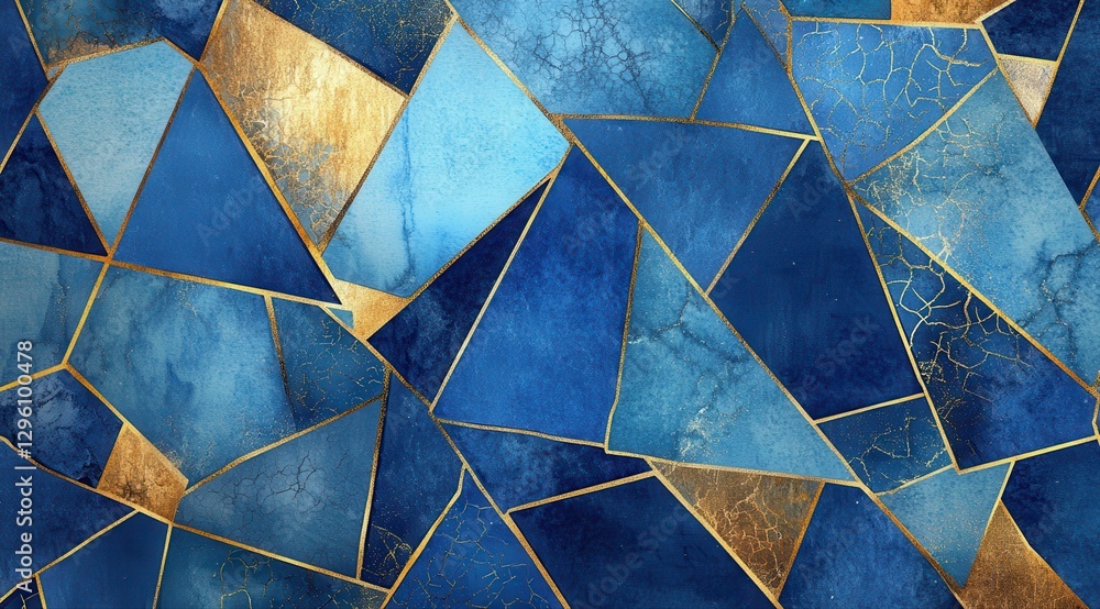 Poster a blue and gold mosaic patterned background. the blue and gold colors are arranged in a way that cre