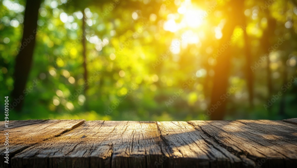 Poster a wooden table with a view of trees and a bright sun. the sun is shining through the trees, creating