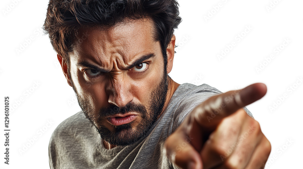 Poster a bearded man with a serious angry expression points a finger at the camera on a transparent backgro