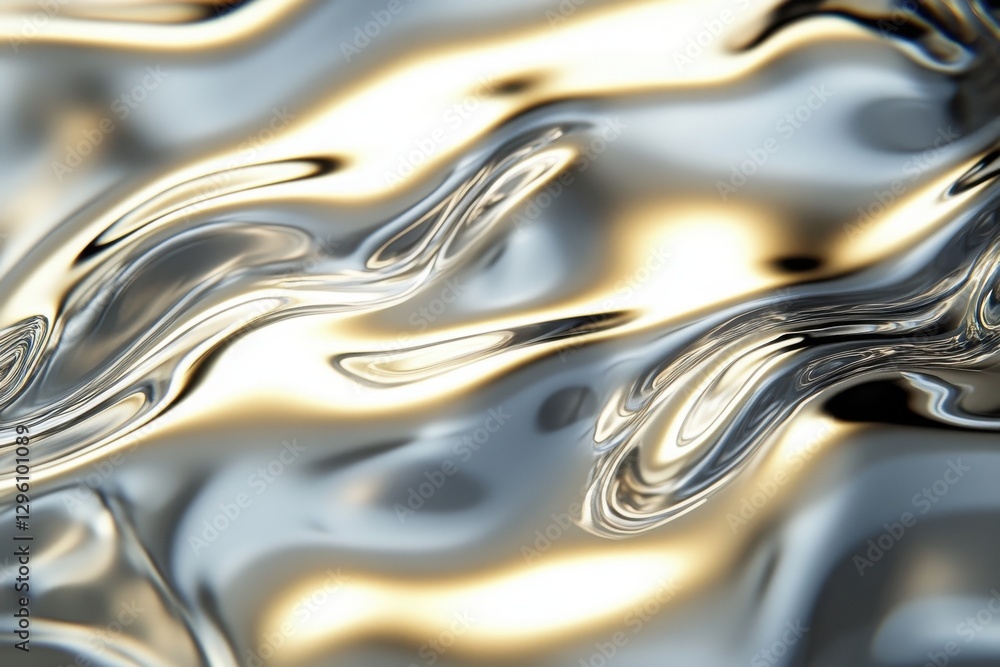 Poster a shiny silver surface with a wave pattern. the surface is reflective and has a metallic sheen
