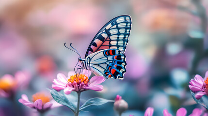 Naklejka premium A colorful butterfly perched on the center of an oversized flower, surrounded by vibrant pink and purple blossoms in full bloom 