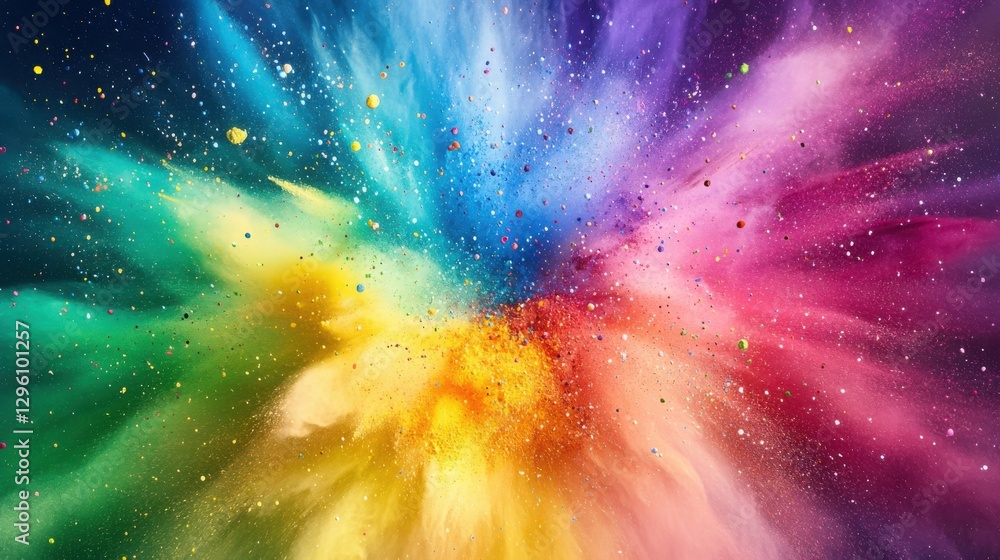 Poster a colorful explosion of confetti with a rainbow of colors. the explosion is so bright and vibrant th