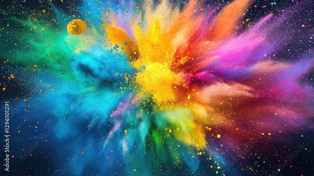 Poster a colorful explosion of paint is shown in the image. the colors are vibrant and the paint is spread 