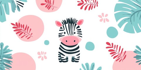Fototapeta premium A zebra is sitting in a jungle with flowers and leaves. The zebra is the main focus of the image, and the jungle background adds a sense of adventure and excitement
