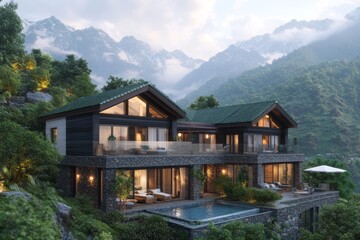 Fototapeta premium A stunning wooden cabin in the foreground of a mountain vista