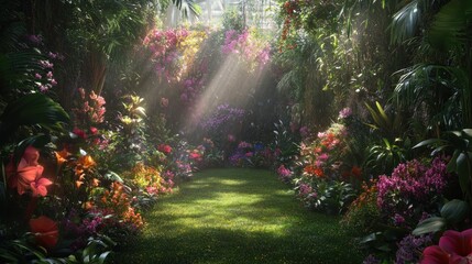Fototapeta premium Enchanted Garden: A Sunlit Path Through Lush Tropical Paradise