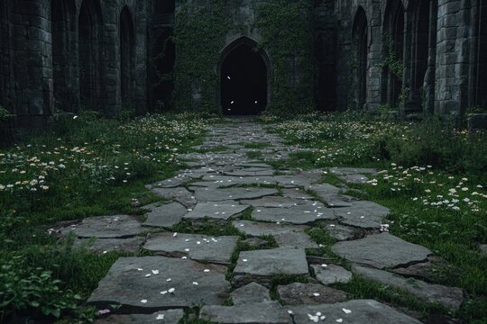 Ancient stone pathway leads through overgrown ruins, evoking mys