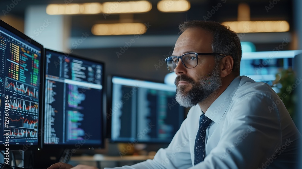 Poster professional man analyzing data on multiple computer screens in a modern office environment with fin