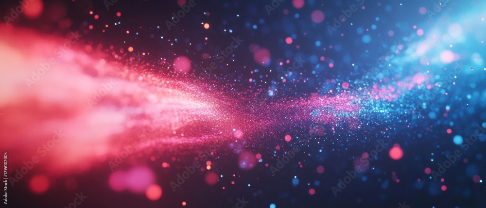 Poster abstract cosmic background with glowing pink and blue particles, creating a dynamic energy flow in a