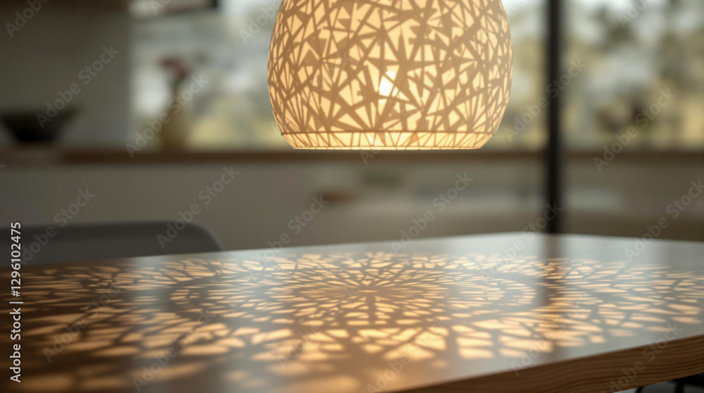 Poster a wooden table with a decorative lampshade casting intricate patterns on its surface. the background