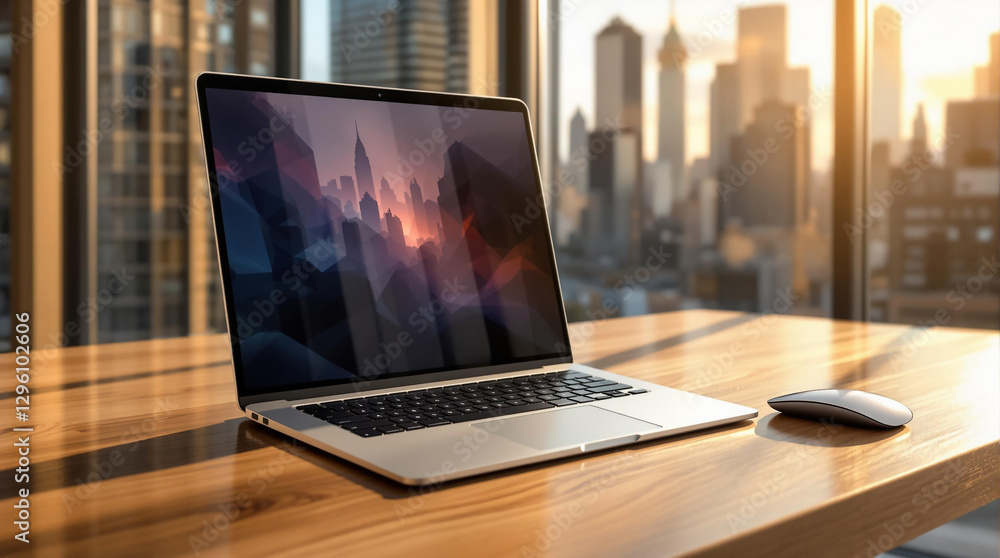 Poster a laptop computer sitting atop a wooden desk, with a mouse beside it, set against a backdrop of a ci