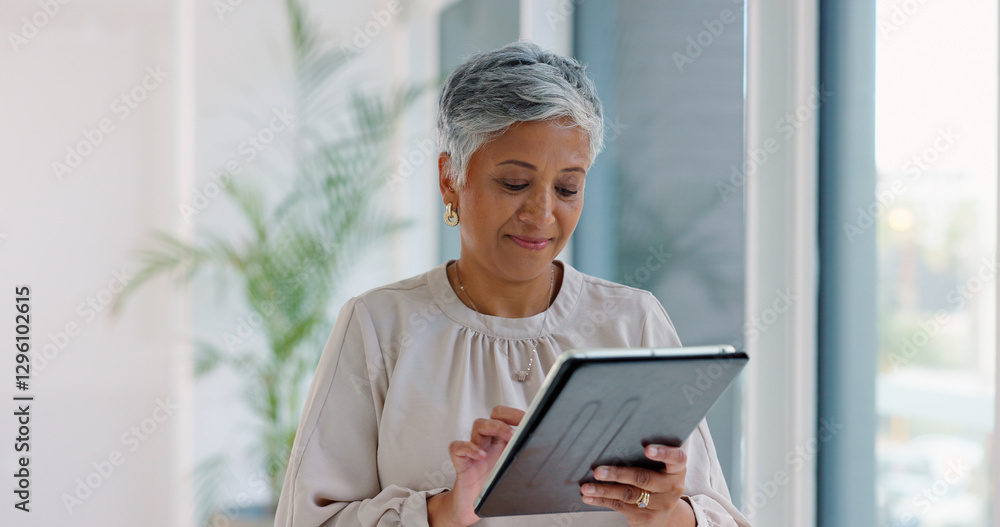 Aufkleber business woman, tablet and typing in hallway at modern office with communication, vision and network