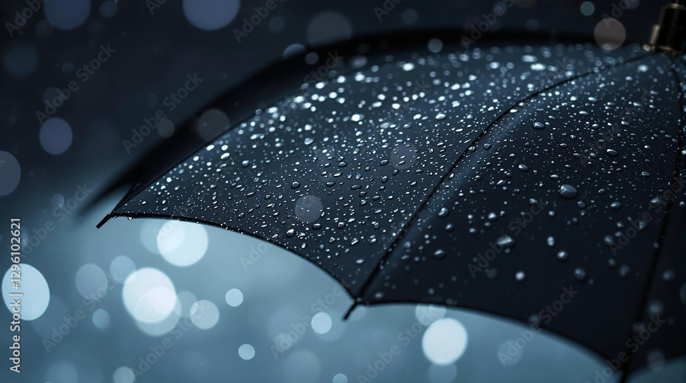 Poster a close-up of a black umbrella with water droplets on it, set against a blurred background with a bo