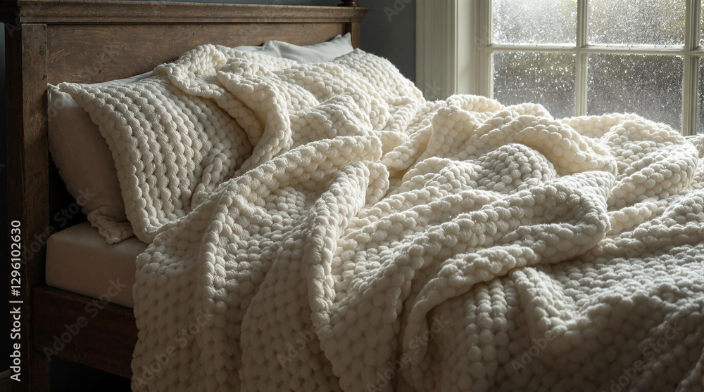 Poster a bed with a white chunky knit blanket draped over it, set against a backdrop of a window and a wall