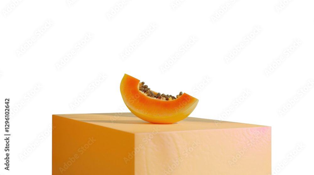 Poster slice of fresh papaya balancing on a cube with transparent background