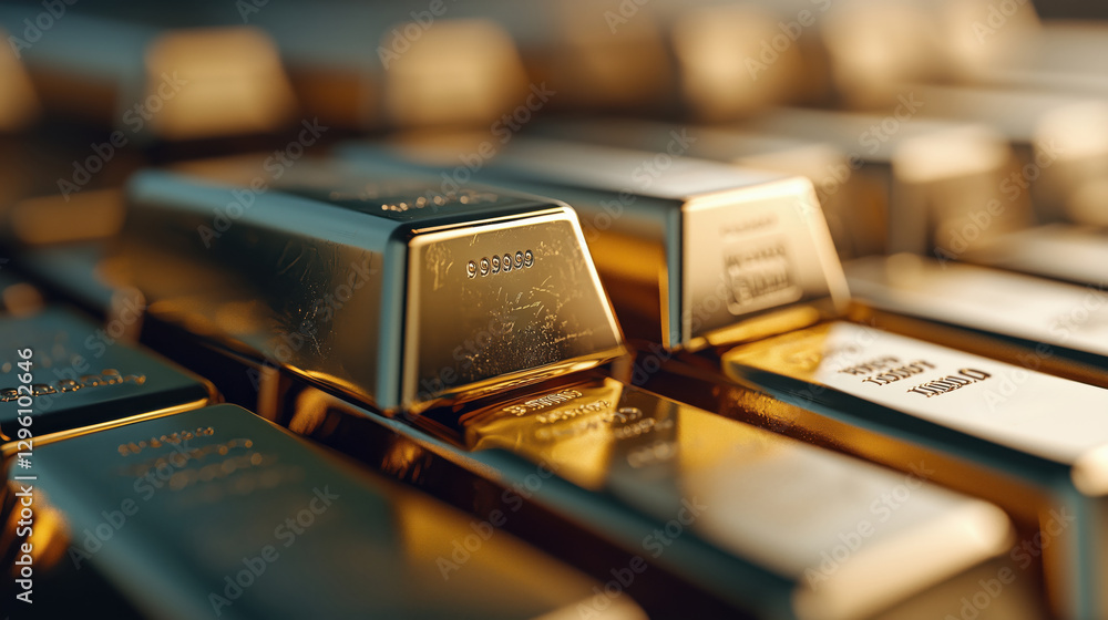Poster close-up view of shiny gold bars stacked together with detailed surface texture and light reflection