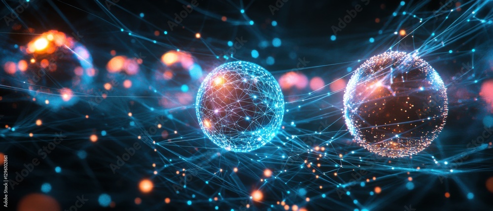 Poster abstract digital network with glowing spheres and interconnected lines, representing global connecti