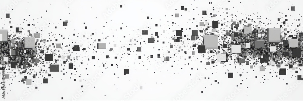 Poster a white background with a black and gray pattern of squares. the squares are of different sizes and 