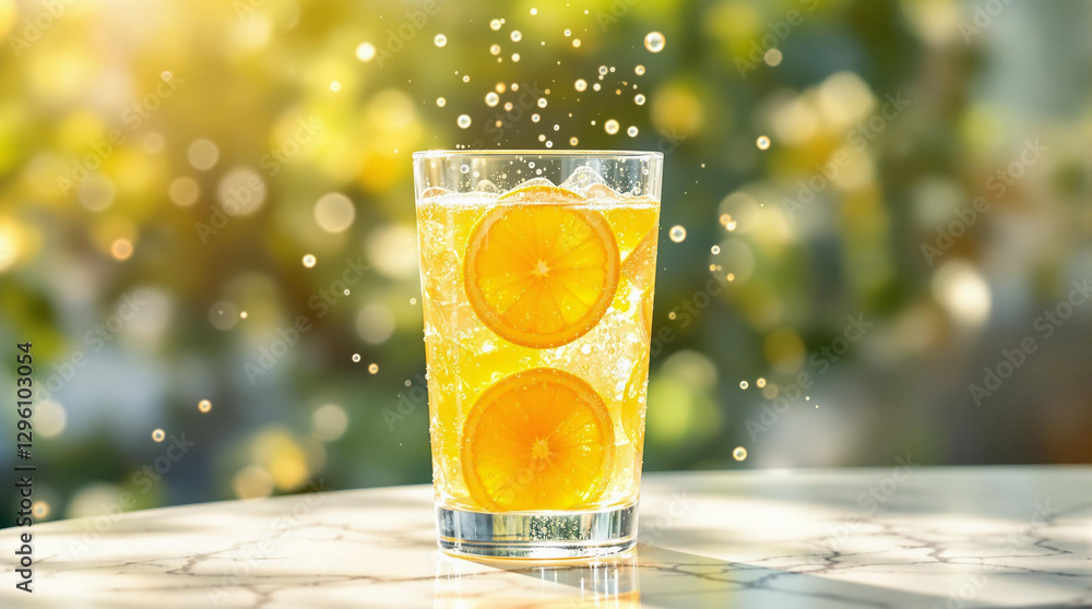Poster a glass of orange juice with a slice of orange, placed on a surface with a blurred background.