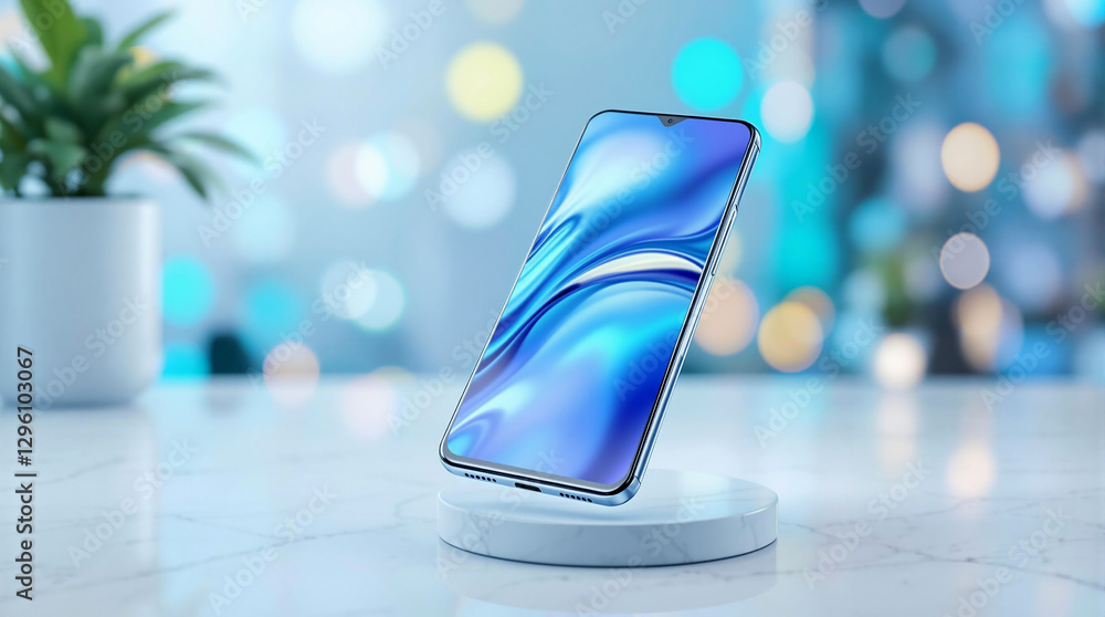 Poster A smartphone with a blue screen placed on a white surface, accompanied by a potted plant to its left. The background is blurred with a bokeh effect, suggesting a modern, tech-oriented setting.