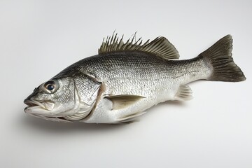 Fototapeta premium A pristine studio shot of a whole fresh sea bass, elegantly displayed to highlight its shimmering scales and delicate fins on a clean white background.