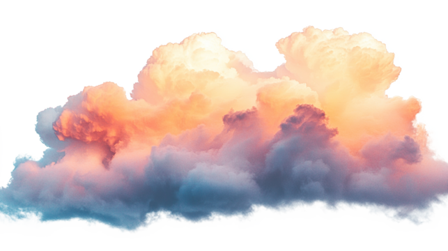 Fluffy white clouds glowing with orange light isolated on transparent background