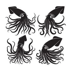 Gliding Giant Squid silhouette, a true master of the deep - Giant Squid illustration - Minimalist Giant Squid vector - Fish silhouette
