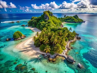 Fototapeta premium Aerial Drone View of Tropical Islands Paradise: Azure Waters & Lush Green Landscapes