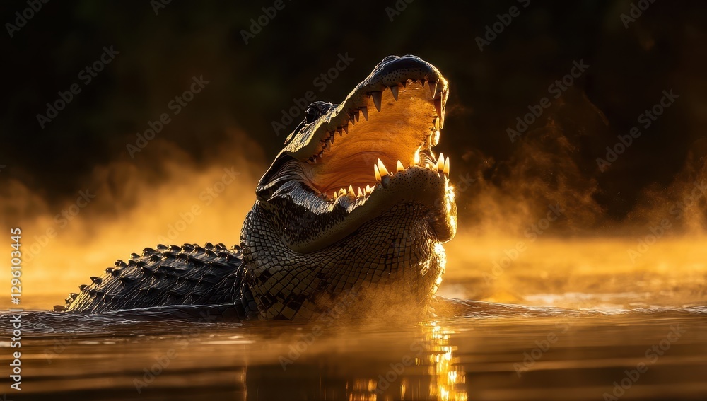 Poster majestic alligator emerges from misty water at sunrise with powerful jaws open displaying sharp teet