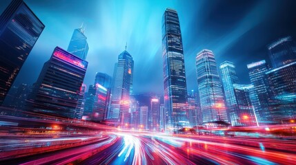 Obraz premium A vibrant cityscape, pulsating with neon lights, where towering skyscrapers pierced the night sky, forming an abstract digital high tech metropolis.